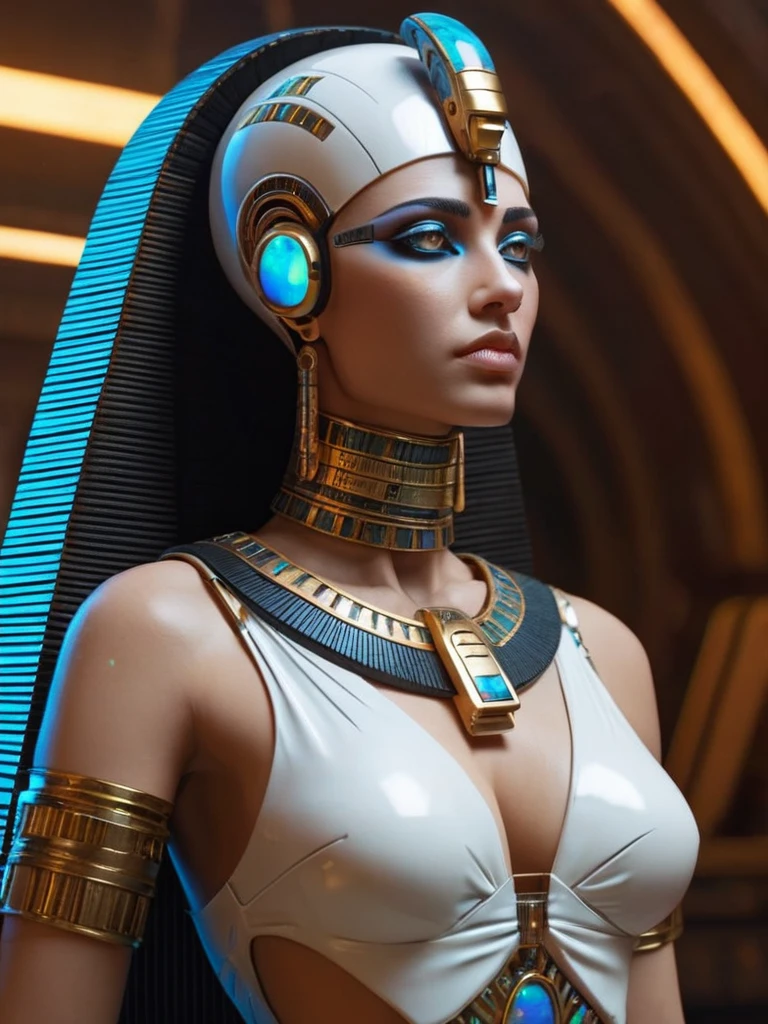 ral-opal, meahophontron, whole body, Woman robot face, Cyberpunk futurista, bust, cleopatra of egypt theme, Egypt background, demonic environment.