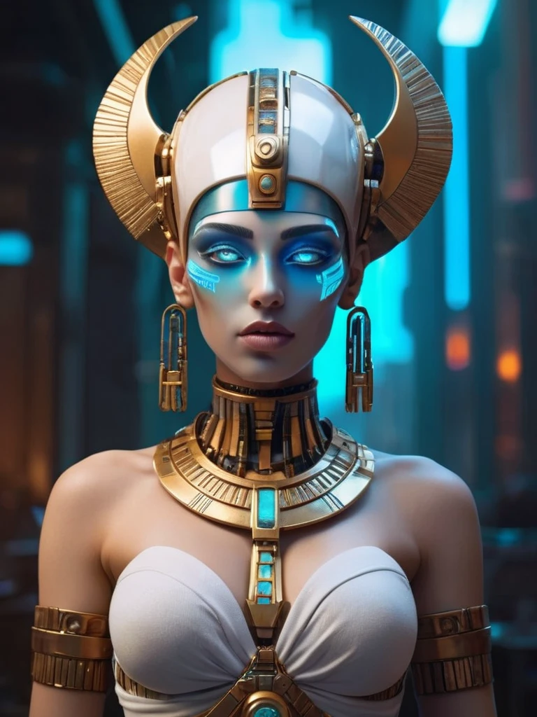 ral-opal, meahophontron, whole body, Woman robot face, Cyberpunk futurista, bust, cleopatra of egypt theme, Egypt background, demonic environment.