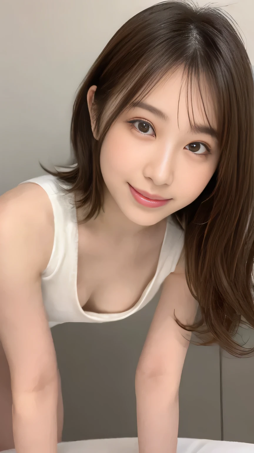 (((Tabletop, Highest quality, figure, Super detailed, In detail、Skeletally correct body))), (((High resolution, 8k wallpaper, Perfect dynamic composition))), ((Detailed nipples))、Beautiful attention to detail, Sexy Face,A face of ecstasy,Face at peak sexual arousal,Sex-excited face、cute、smile、((A loose tank top with a wide neckline))、((Always very small breasts)), ((Cleavage:0)), (((Her nipples are visible through the gap in her tank top))), (((Always get on all fours)))、Shooting from above at an angle