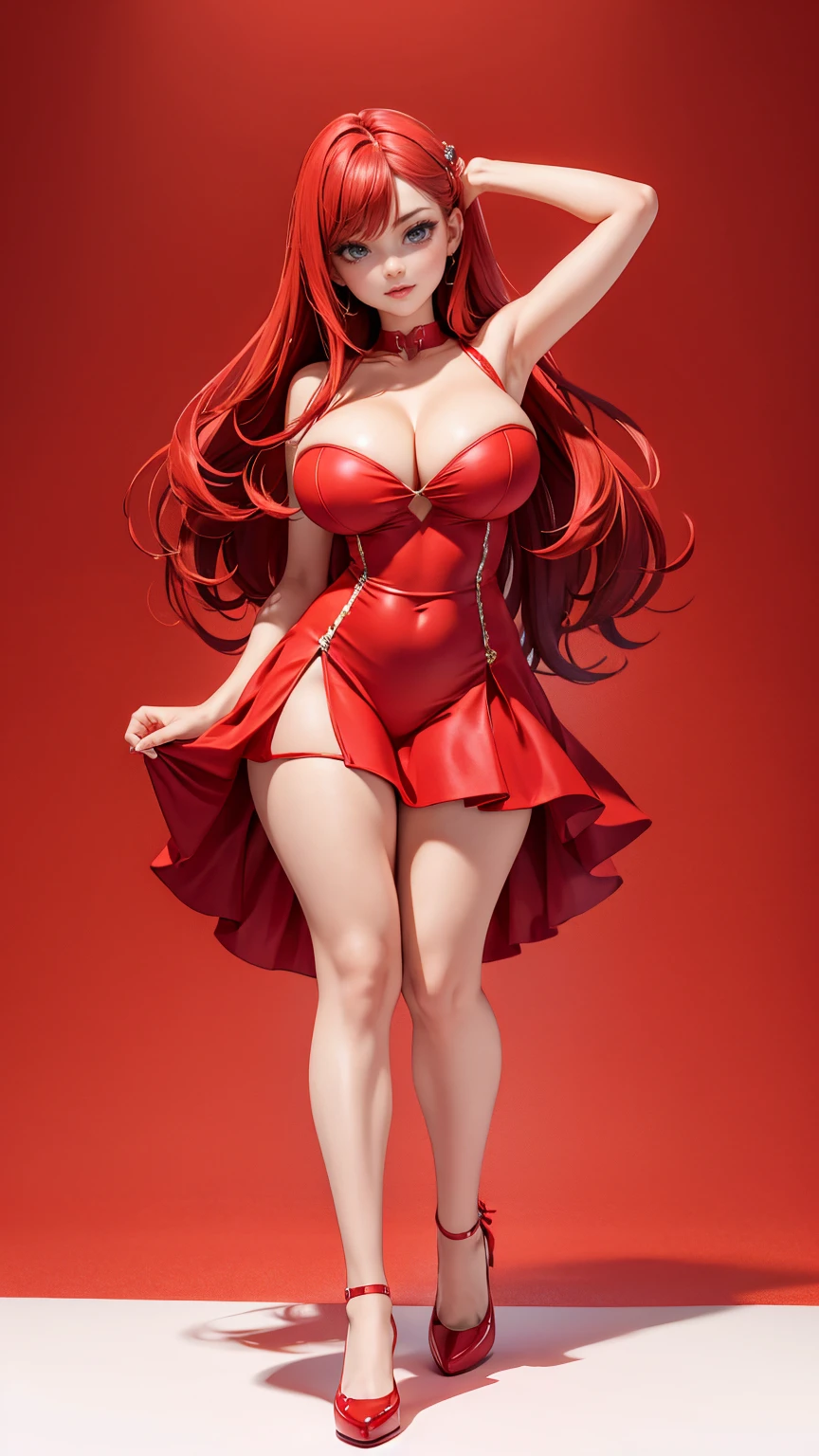 (full_body)、Woman、red_background、big_breasts:1.5、Detailed、POP、vivid、pose、sexy_dress:1.5、Open chest