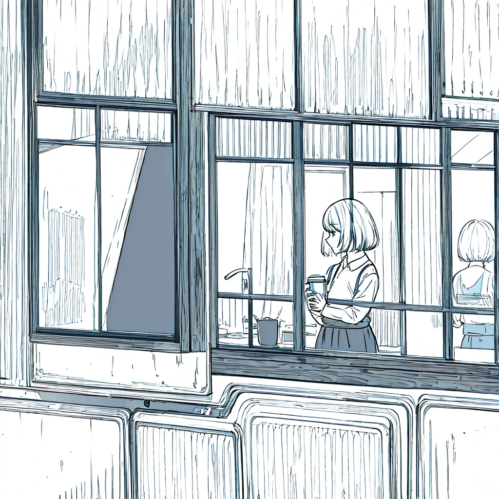 Simple background Woman holding coffee Window side profile
