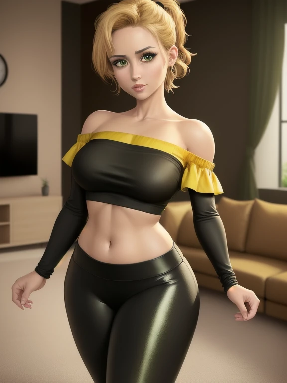 (best quality:1.3), (4K quality),masterpiece, best quality, high res, detailed, (Detailed face:1.2), (Detailed eyes:1.2), (Hourglass figure:1.2), CARTOON, ANIME, CARTOON ARTSTYLE, 1girl, solo, 36-years-old, tan olive skin, short blonde hair, pony tail style, green eyes, approximately 5'2" tall, ((Wearing a yellow off-shoulder top and shiny black leggings)), standing in the middle of the living room, couch, TV, carpet, relaxed atmosphere, cinematic lighting, detailed background,
