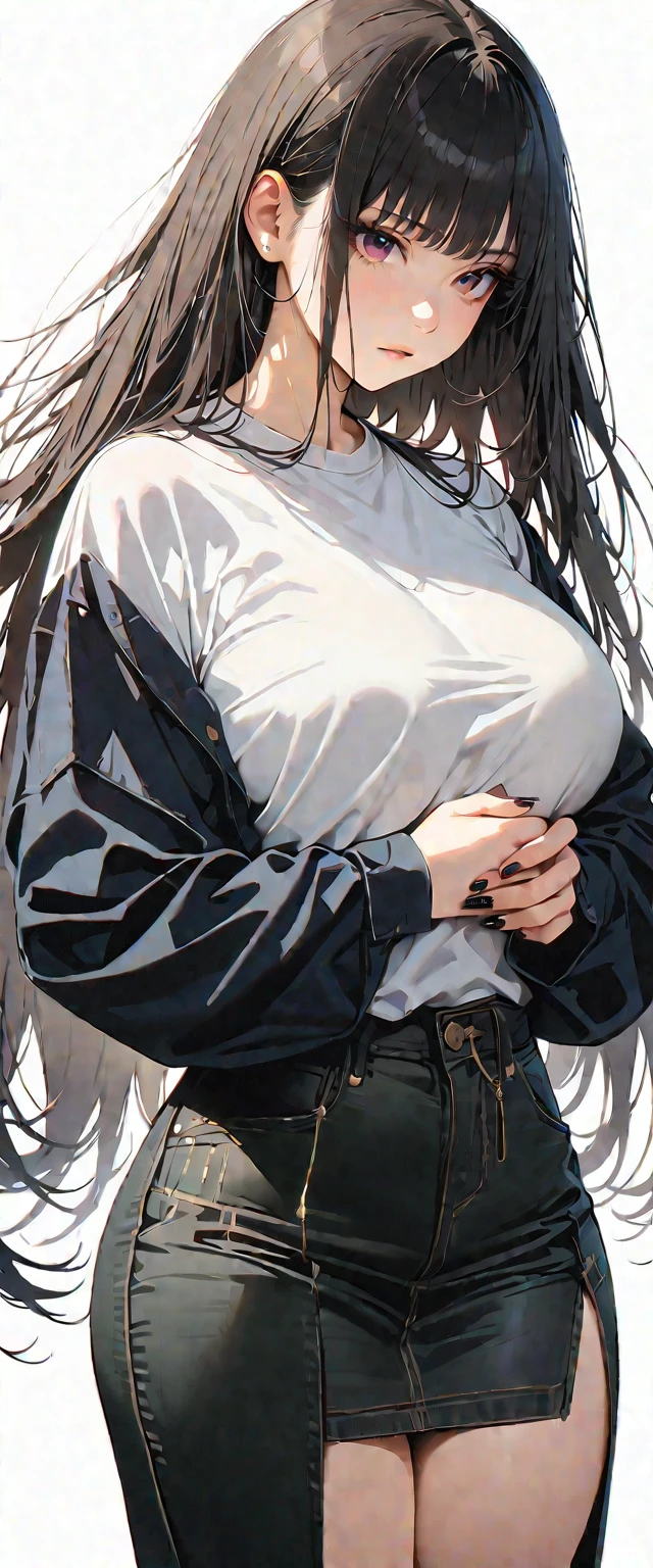 20 years old,1 mature woman,hyperrealistic, 8k, (extremely detailed 8k), (very delicate and beautiful), (masterpiece), (better quality:1.0), (ultra high resolution:1.0), (masterpiece, best quality),cute,black hair,cowboy shot,white background,realistic skin,hands together, pray,big breasts,expressionless,hime cut,black nail,extra long hair,kimono