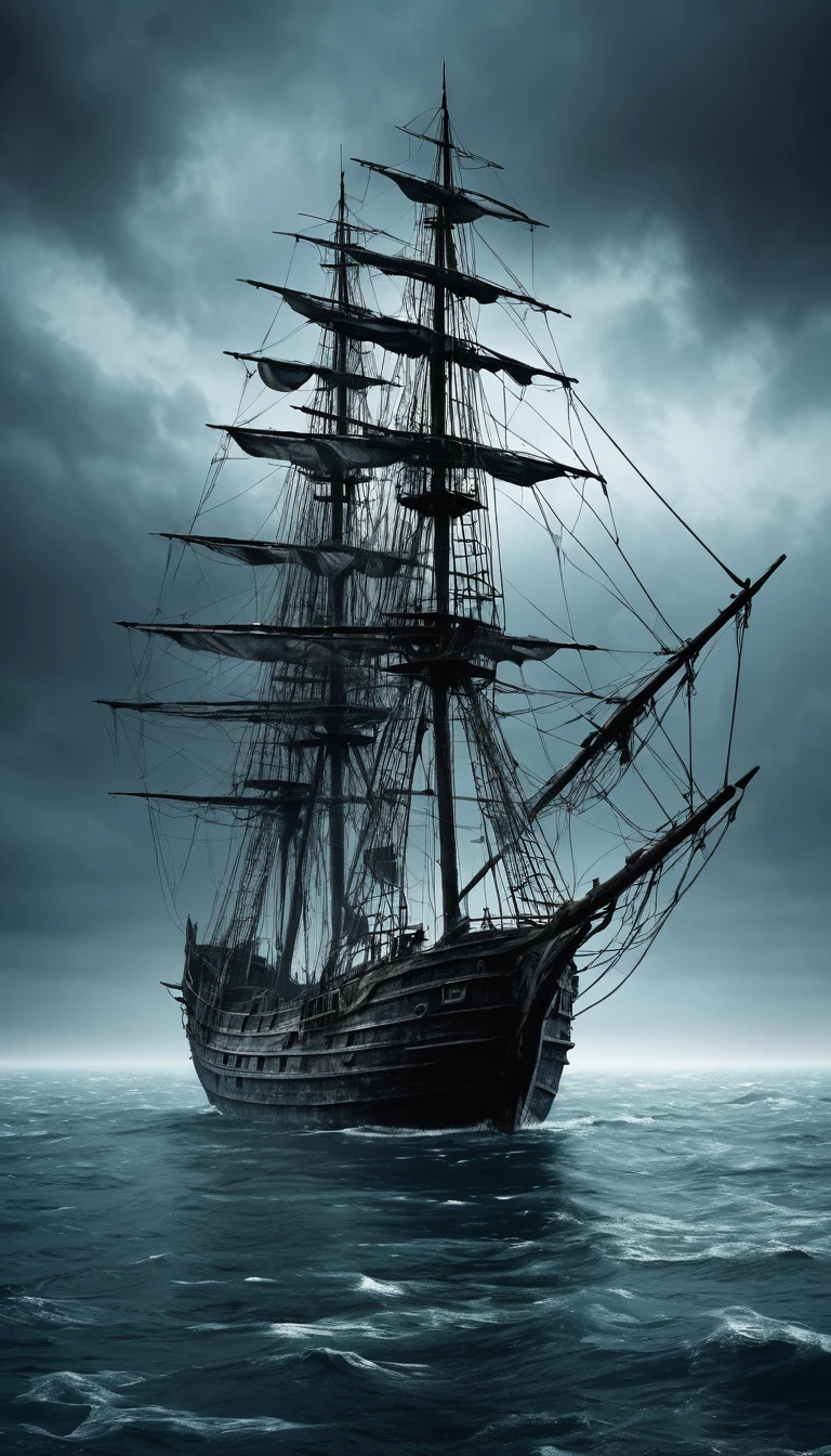 Ghost Ship of Tattered Sails.Calm water of the sea.Dark fantasy world view.