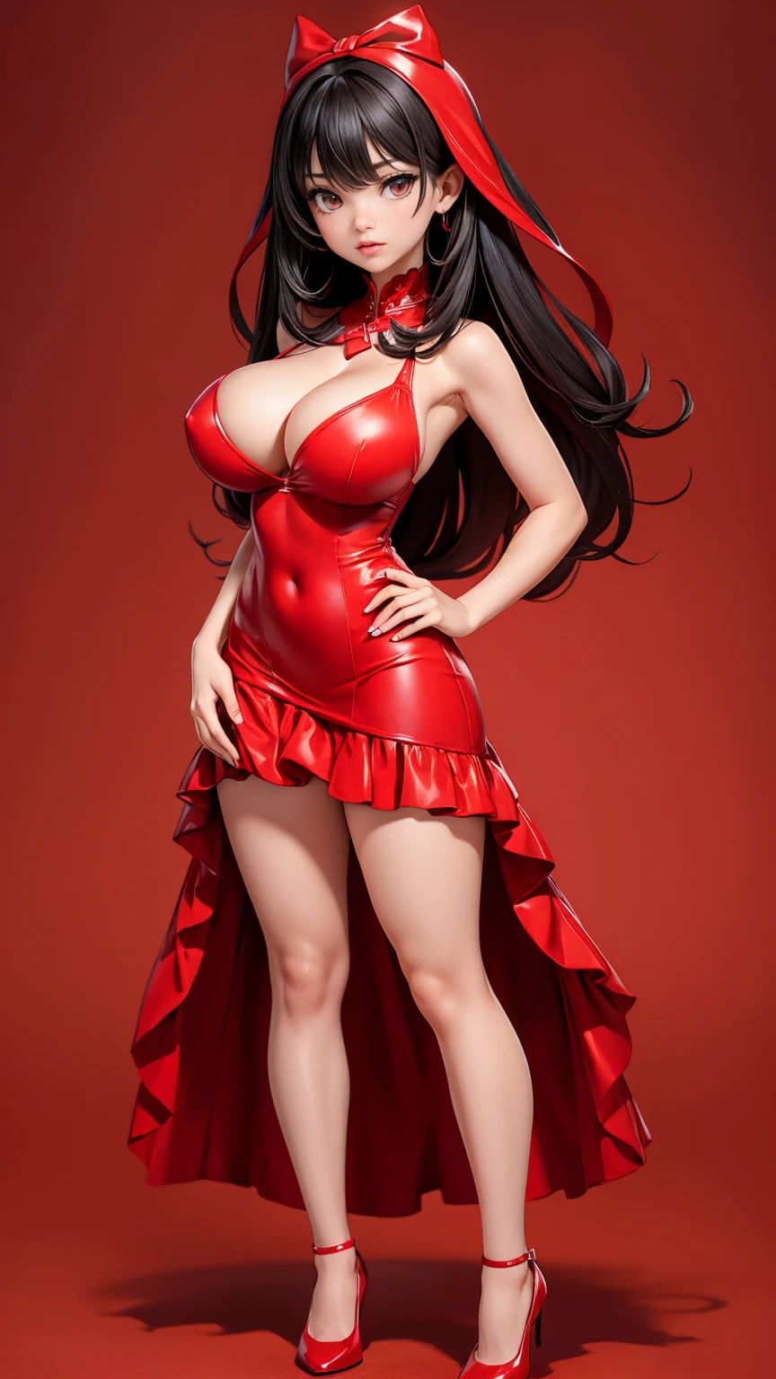 (full_body)、Woman、red_background、big_breasts:1.5、Detailed、POP、vivid、pose、dress:1.5、Open chest、sexy:1.5