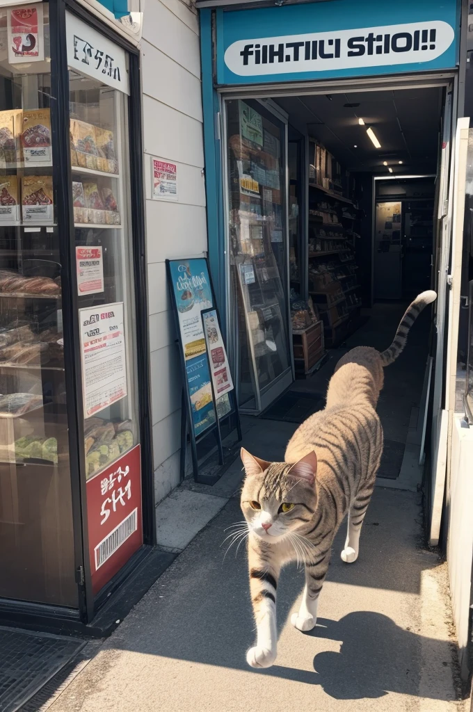 A cat running away from a fish store with a fish