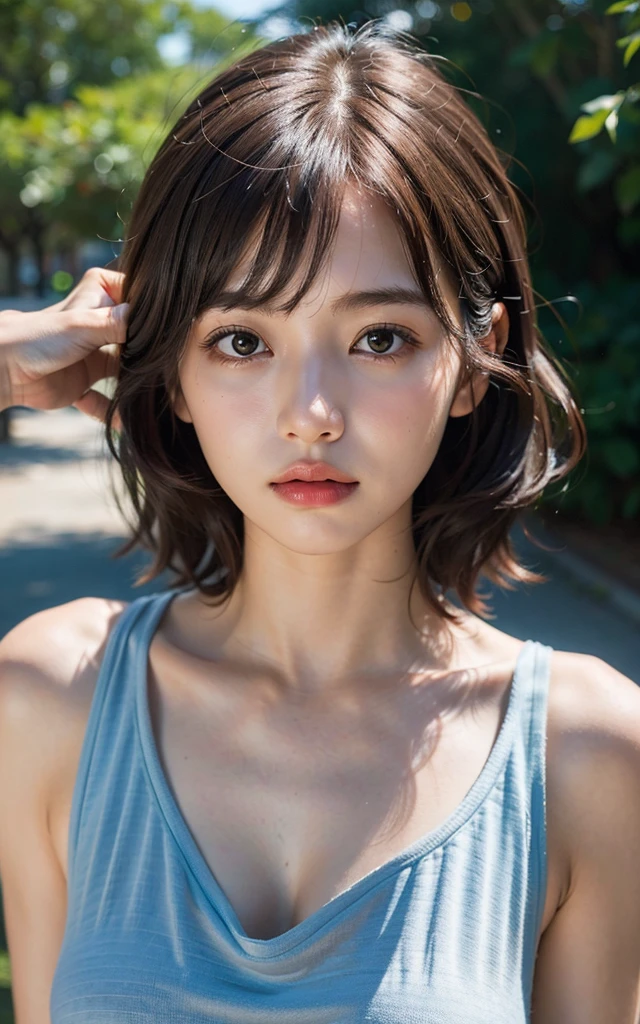 (masutepiece:1.3), (8K, Photorealistic, Raw photography, Best Quality: 1.4), Soft light, Professional Lighting, 1girl in,  , Cute, Neat and clean beauty, sad, Brown Short Hair, Bangs, Outdoors