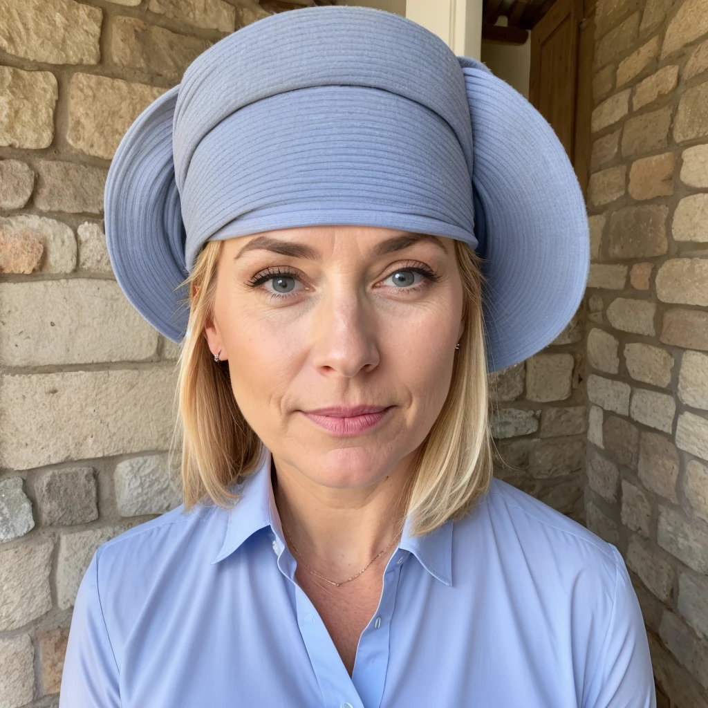 belle femme de 45 ans aux yeux bleus, blonde aux racines brunes, cheveux en chignon très en désordre, regarder directement la caméra, très réaliste, visage en gros plan, à la maison, top à col roulé moulant rentré, ultra court, taille haute et mini jupe, vêtements serrés contre le corps, vêtements trop serrés, grain de film, corps musclé en forme, gros seins, se concentrer sur le visage, vêtements trop serrés, amusée par le spectateur, yeux doux, regard complice