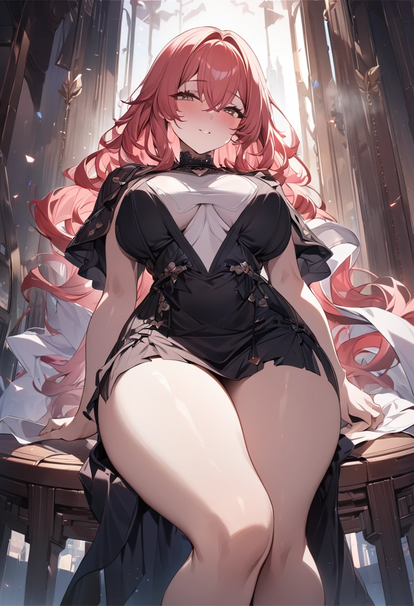 masterpiece)),((Highest quality)),High resolution,Highly detailed CG,Perfect lighting,8k wallpaper、dusty(coming)、One Woman, alone、pale red hair、very thick legs、Looking into the camera、