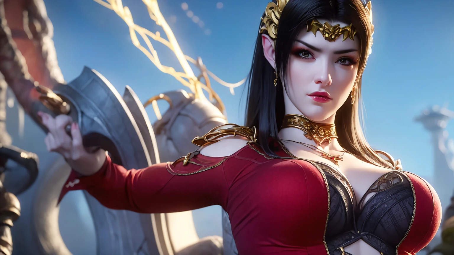 (lifelike, high - resolution:1.3), 1 girl with a perfect body, Super fine face and eyes,slong hair, big boob,Expose cleavage5)), lightning, hyper-realistic graphics, most realistic graphics, 1 girl, alone, solo, Extremely sharp, surreal image.