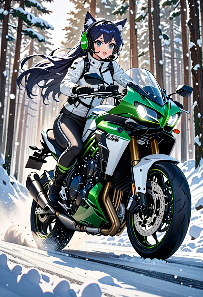 Masterpiece, Best quality, 8K Ultra High-Quality, ultra-detailed, High quality, Dark Blue hair, Long hair, Headset, goggles, cat girl, riding on a motorcycle, sports motorcycle, large motorcycle, Kawasaki H2R, Body harness, white winter clothes, full body, motorcycle riding pose, snow covered road, snowy forest background