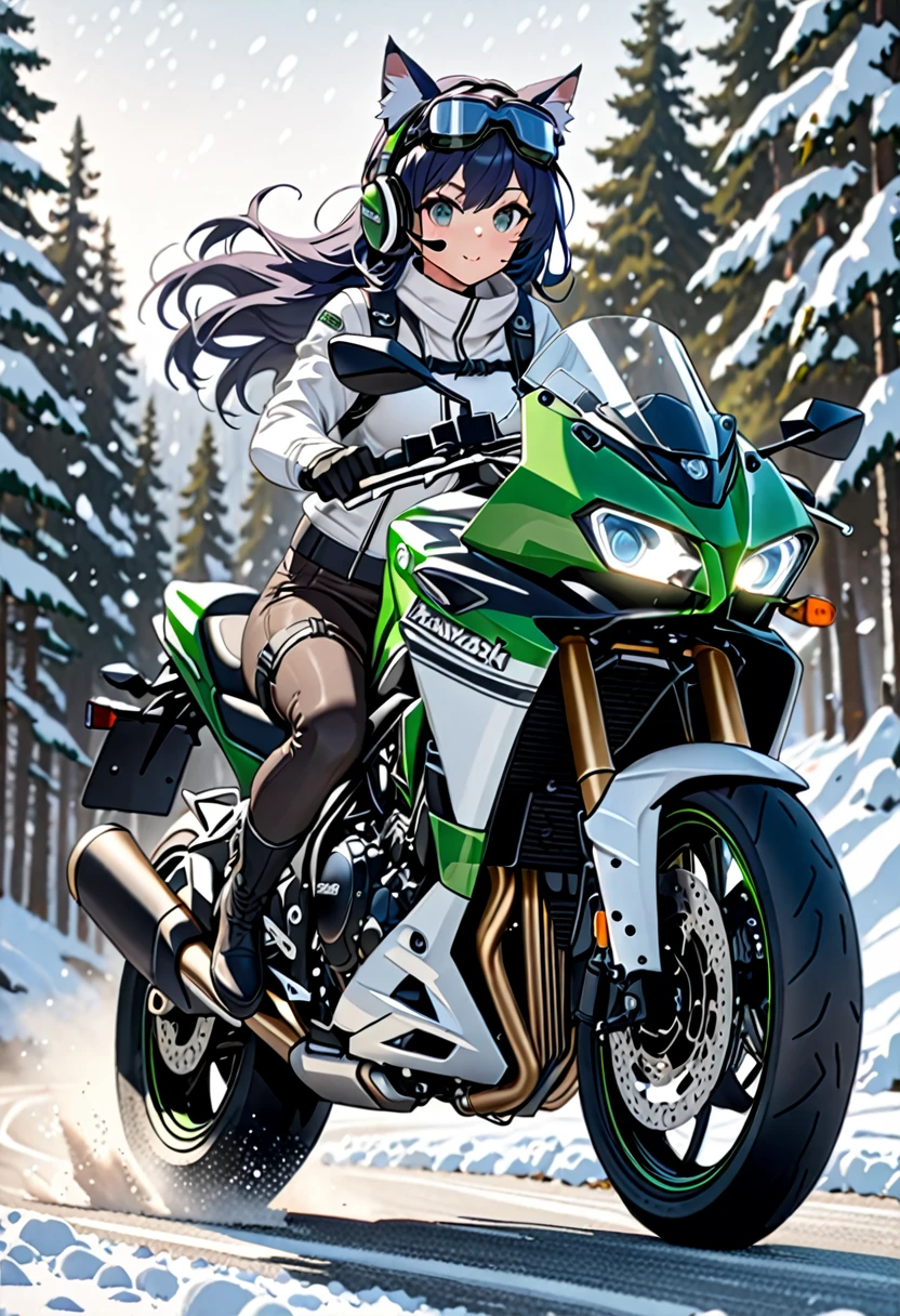 Masterpiece, Best quality, 8K Ultra High-Quality, ultra-detailed, High quality, Dark Blue hair, Long hair, Headset, goggles, cat girl, riding on a motorcycle, sports motorcycle, large motorcycle, Kawasaki H2R, Body harness, white winter clothes, full body, motorcycle riding pose, snow covered road, snowy forest background