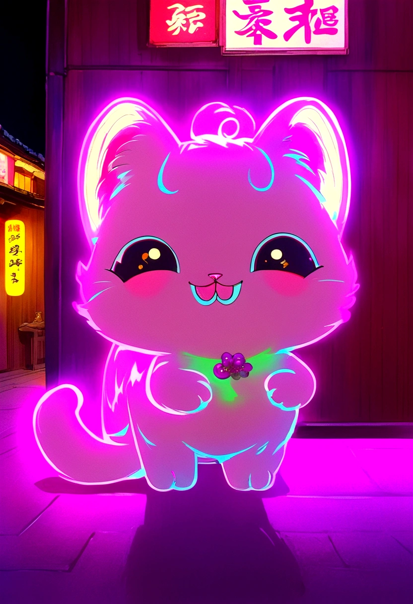 A cute cat wearing a pink and purple kimono,Standing in front of a Japanese street cafe in the 1960s during the Showa era,The background is retro neon lights,Tasting honeydew ice cream