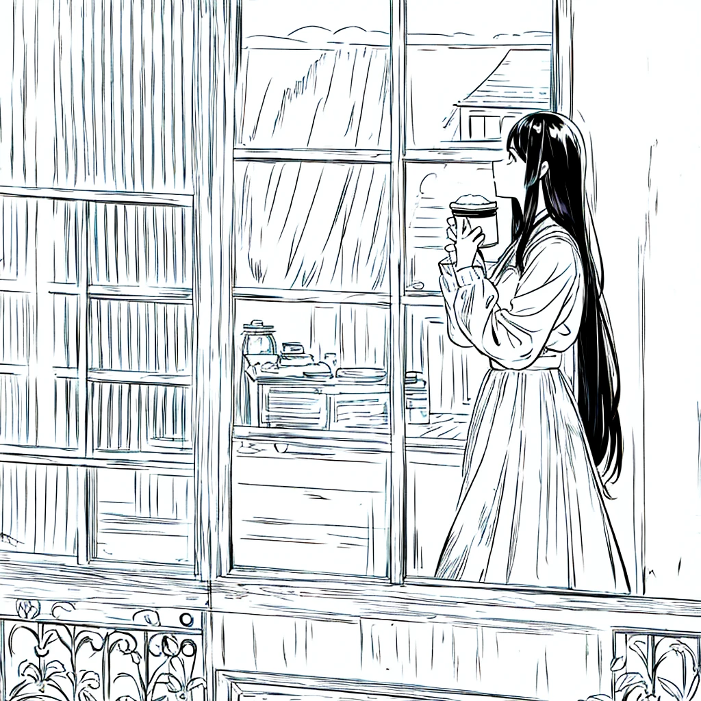 Simple background Woman holding coffee Window side profile