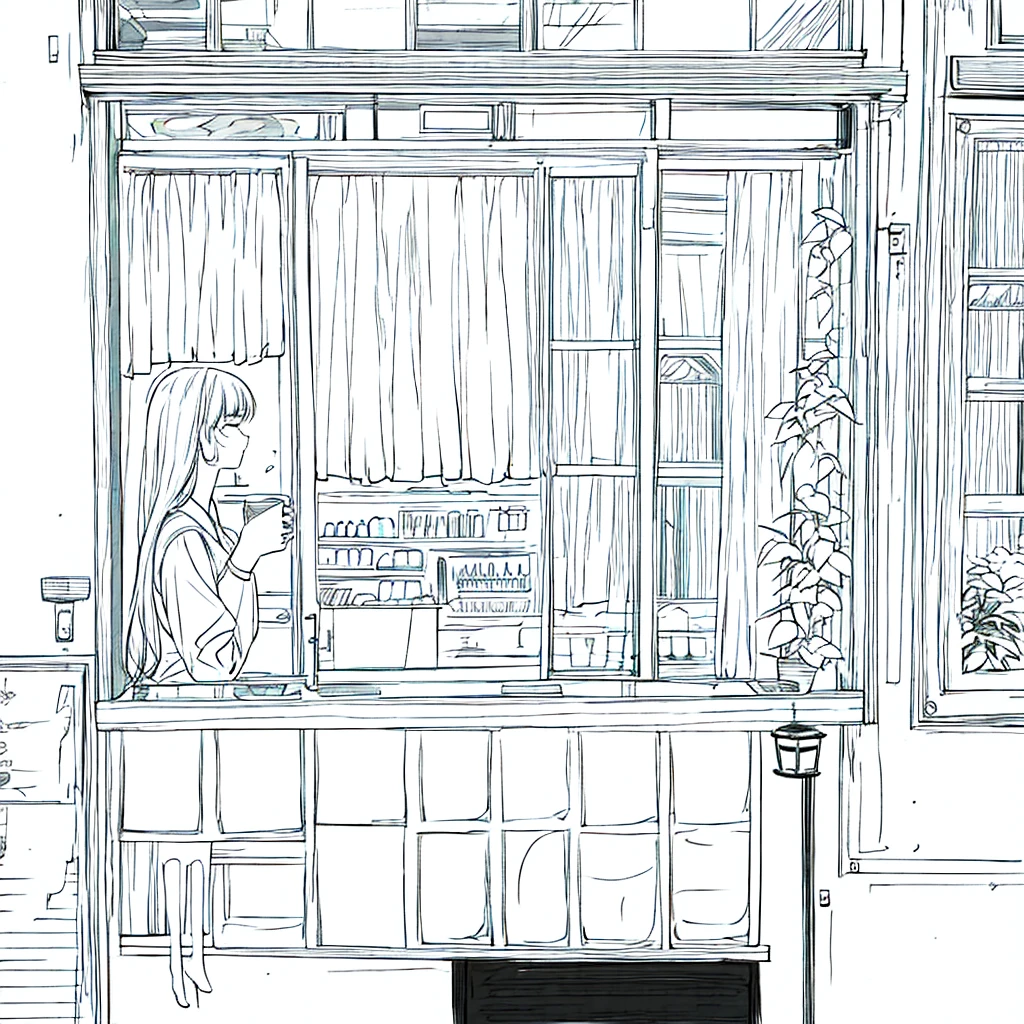 Simple background Woman holding coffee Window side profile