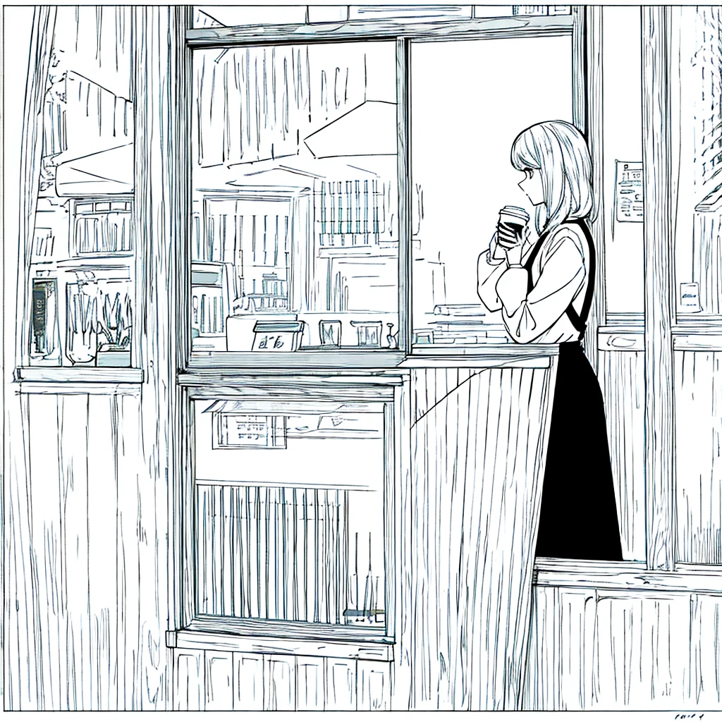 Simple background Woman holding coffee Window side profile