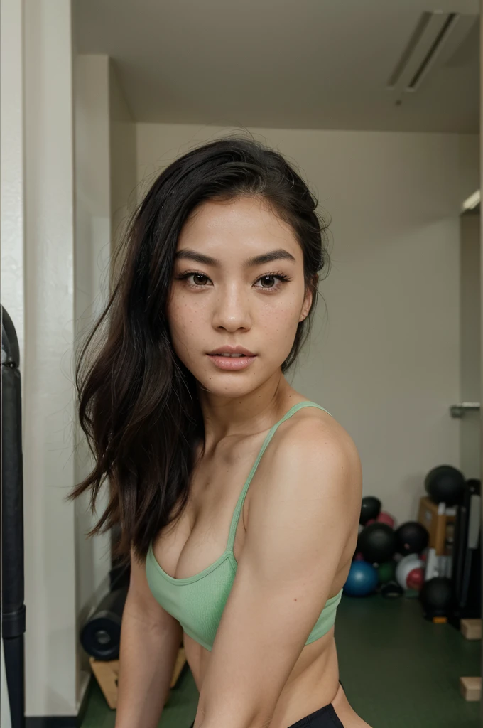 Selfie of a woman, in your 20s, with an oval face with high cheekbones, a defined jawline is Asian, japanese. His eyes are large and almond, black in color, with long eyelashes and thick, arched eyebrows, nose is small and straight, and she has full, wide lips, hair is black with a green streak on the left side, short and smooth and loose, fair skin with lots of freckles on the nose and rosy cheeks. Selfie at the gym showing her ass, emphasis on glutes.