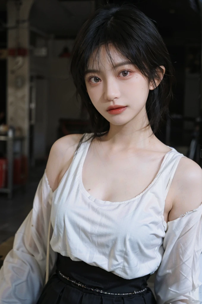 1 girl，Model，Upper Body，short hair,A faint smile,serene, calm，Moles under the eyes,Exquisite eyes, Delicate face,Lipstick,earrings,Hair details, skirt，（Dress conservatively：1.3）(Large Breasts:1.2),outdoor,background,城市background，(Skin details:1.4),(Realistic and detailed eyes：1.2）, Natural skin texture, Realistic facial details,Close-up of face,Portrait Photography,(Portrait Photography:1.1), (smooth skin textures:1.3), (Highest quality real skin textures:1.4), Direct vision,Soft dramatic lighting, Vivid details, 35 mm film, (Photo Practical:1.4), (hyper Practical:1.4), (Practical:1.3), (Smoother lighting:1.05), (Improve lighting quality:0.9), (Enhance the beauty of skin texture:1.1), Depth of Field, Bokeh, Surrealism, Ray Tracing, ( Surrealism, High Detail, Chiaroscuro, Ray Tracing, reflected light, Ultra HD, Ultra HD, masterpiece, Textured Skin, Super Detail, High Detail, high quality, best quality