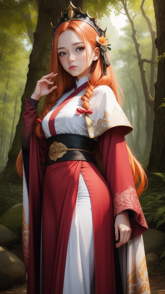 18 years old princess, striking figure, long ginger hair, wavy hairs, fair skin, (freckles), (kolito), innocent and regal appearance, expressive eyes are filled with a mix of curiosity and determination, her slender frame, elegant grace, vibrant orange kimono with white and black decorations, very long ((sleeves past fingers)), sleeves past wrists, feather headdress, in a forest