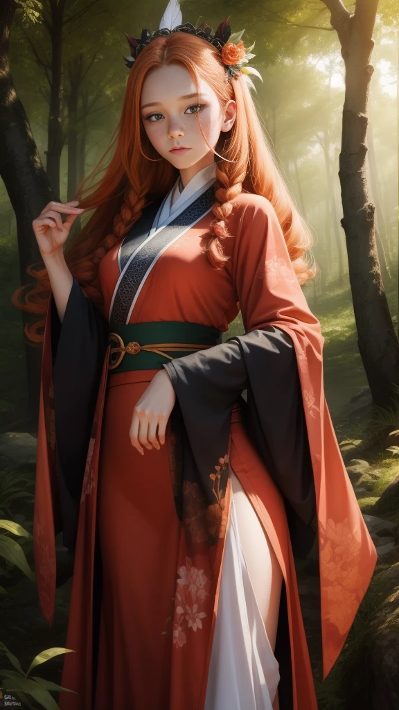 18 years old princess, striking figure, long ginger hair, wavy hairs, fair skin, (freckles), (kolito), innocent and regal appearance, expressive eyes are filled with a mix of curiosity and determination, her slender frame, elegant grace, vibrant orange kimono with white and black decorations, very long ((sleeves past fingers)), sleeves past wrists, feather headdress, in a forest