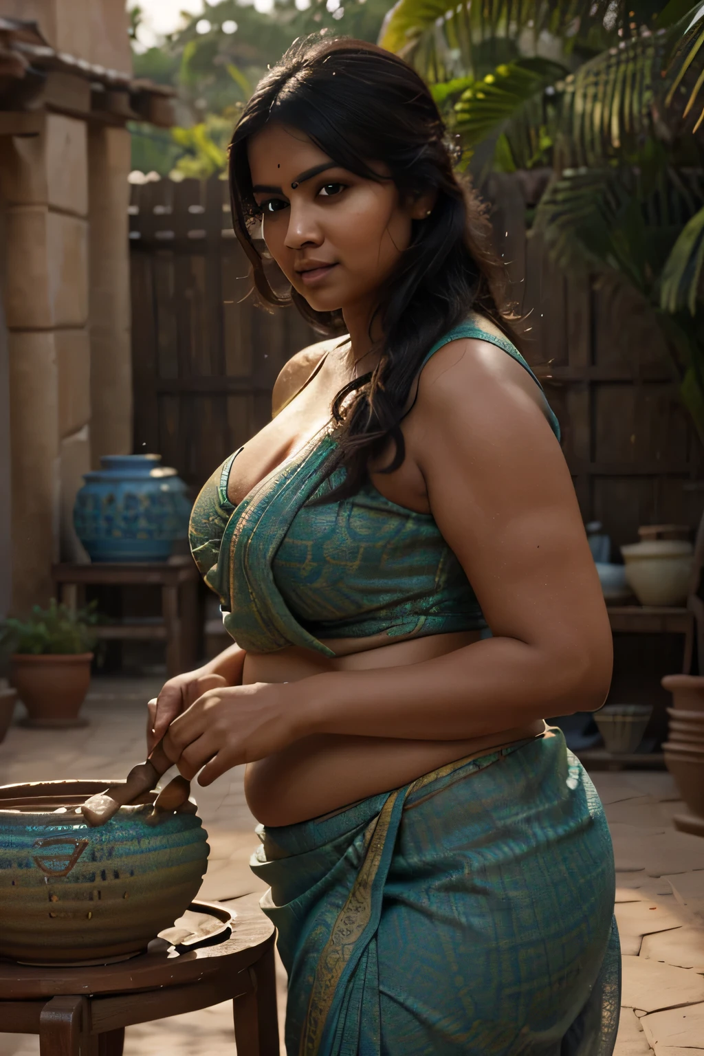 beautiful indian woman making pottery on a pottery wheel, wearing a sexy colorful sari, chubby curvy figure, detailed face, long eyelashes, intricate jewelry, clay covered hands, pottery studio interior, warm lighting, highly detailed, photorealistic, 8k, masterpiece