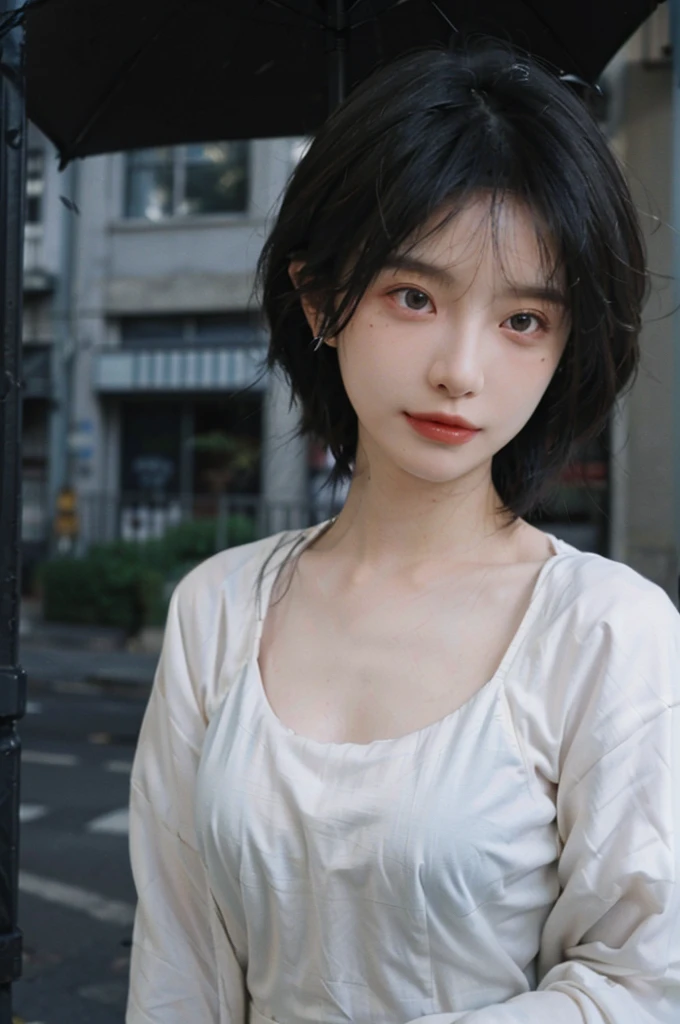 1 girl,Model,Upper Body,short hair,A faint smile,serene, calm,Moles under the eyes,Exquisite eyes, Delicate face,Lipstick,earrings,Hair details, skirt,(Dress conservatively:1.3)(Large Breasts:1.2),outdoor,background,城市background,(Skin details:1.4),(Realistic and detailed eyes:1.2), Natural skin texture, Realistic facial details,Close-up of face,Portrait Photography,(Portrait Photography:1.1), (smooth skin textures:1.3), (Highest quality real skin textures:1.4), Direct vision,Soft dramatic lighting, Vivid details, 35 mm film, (Photo Practical:1.4), (hyper Practical:1.4), (Practical:1.3), (Smoother lighting:1.05), (Improve lighting quality:0.9), (Enhance the beauty of skin texture:1.1), Depth of Field, Bokeh, Surrealism, Ray Tracing, ( Surrealism, High Detail, Chiaroscuro, Ray Tracing, reflected light, Ultra HD, Ultra HD, masterpiece, Textured Skin, Super Detail, High Detail, high quality, best quality