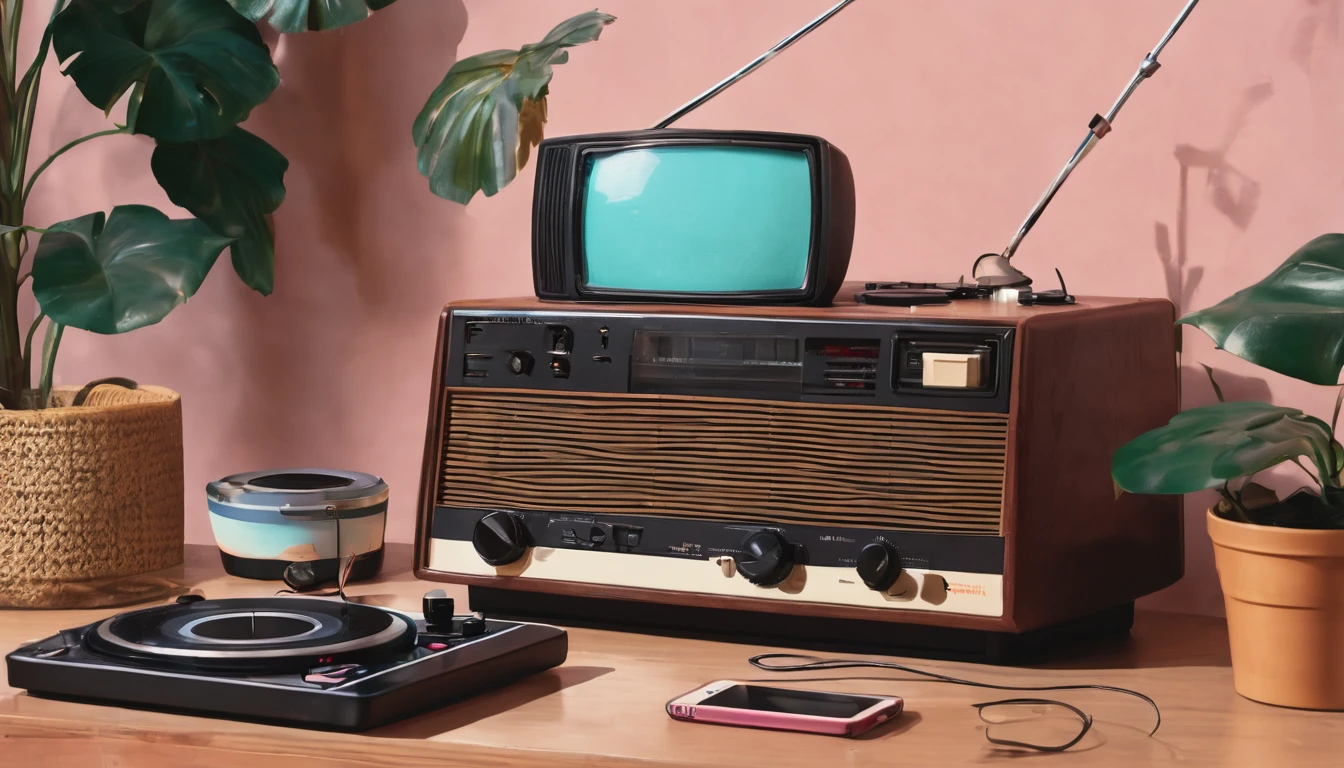 a digital 📻 on a table,other items on the table,80s,lofi,realistic
