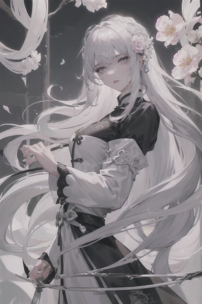 masterpiece, best quality, night, Full Moon, 1 girl, Mature woman, Chinese, China, elder sister, Royal elder sister, Cold expression, Poker face, Silver-white hair woman, Light pink lips, calm, Intellectuals, Three belts, Gray pupil, assassin, Short knife, Flower ball background, Strolling the streets