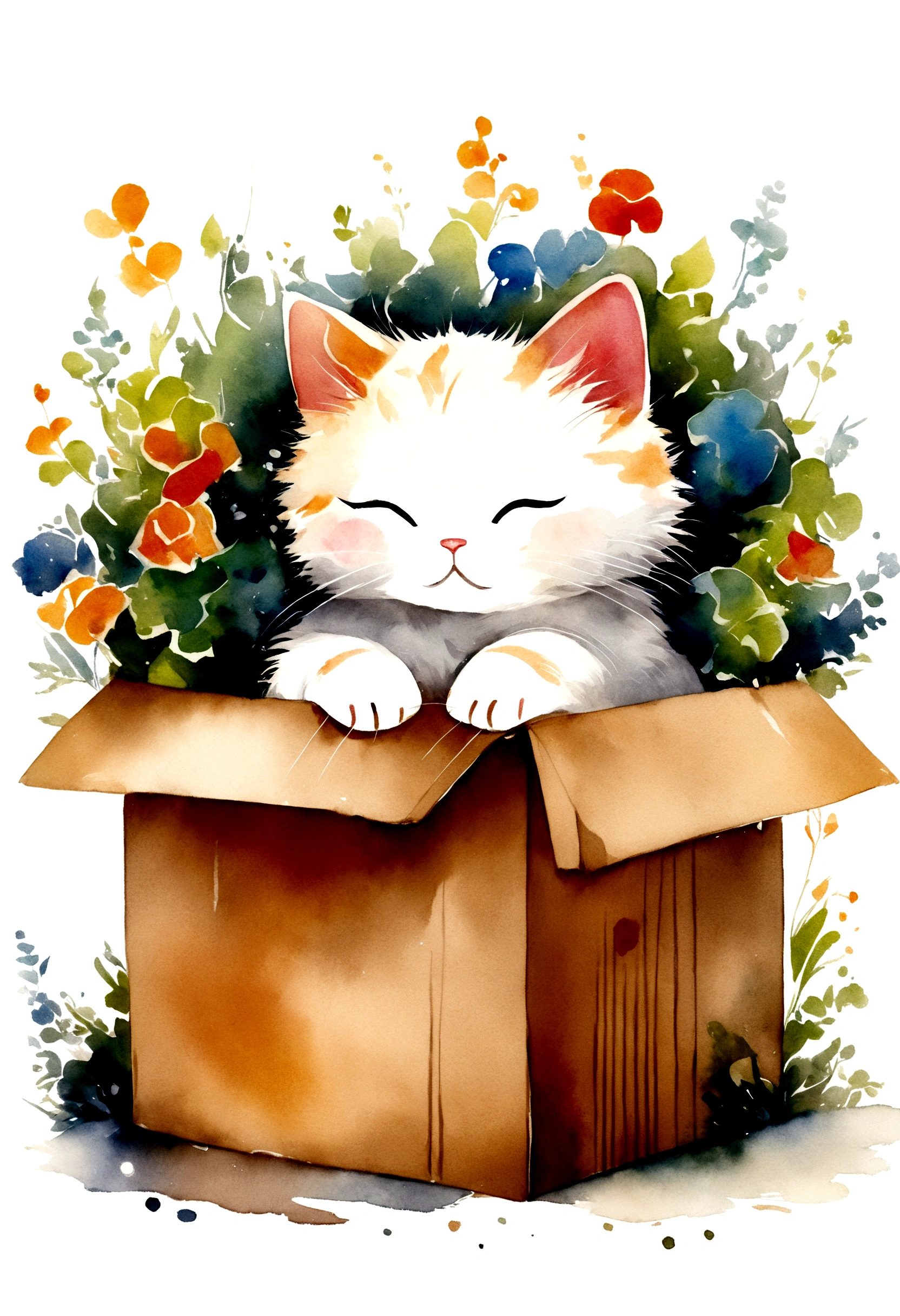 cute, Cat, White Background, Stylized, chibi,  Fluffy fur, watercolor, 和Cat, Sleeping in a cardboard box