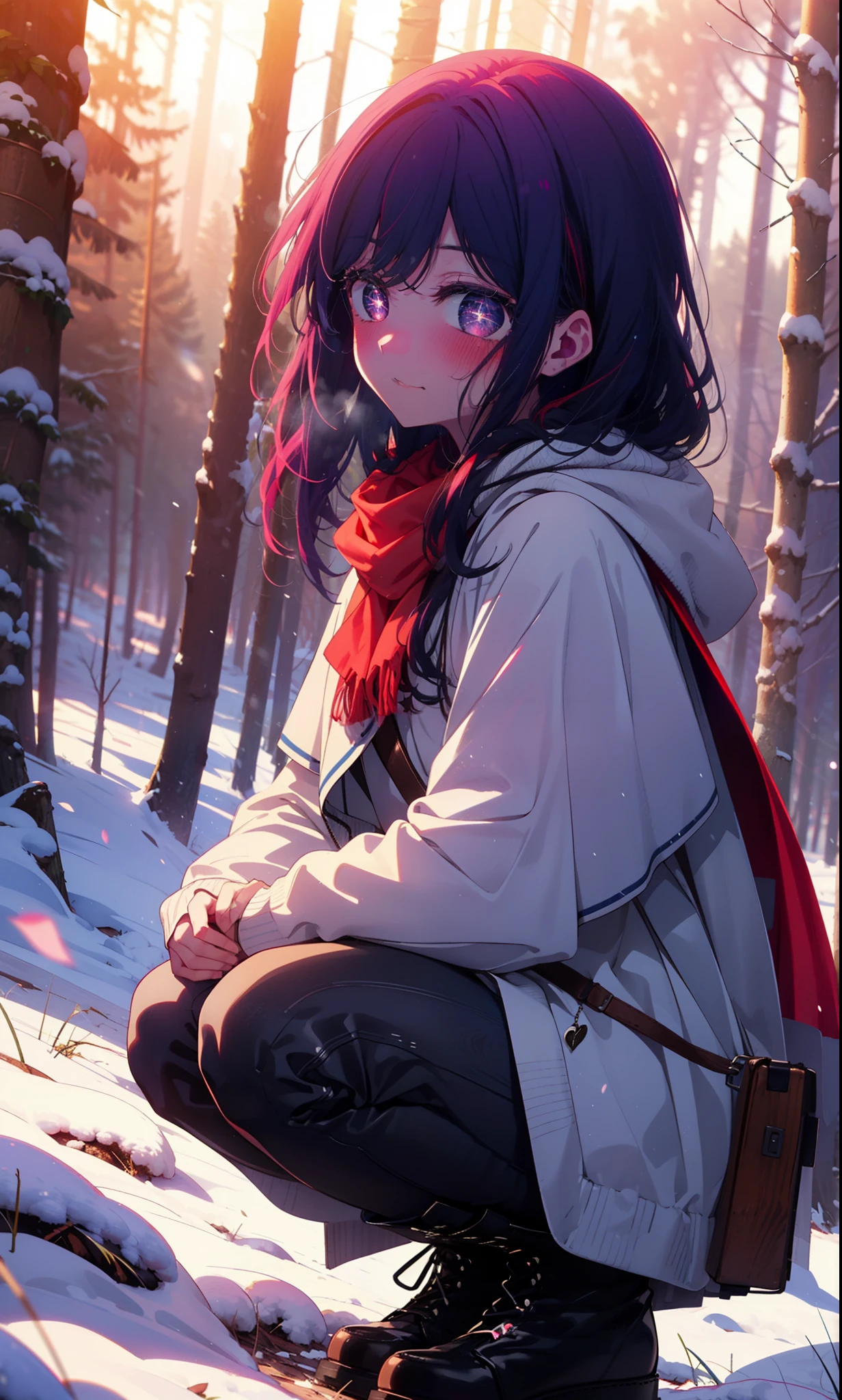 aihoshino, Ai Hoshino, Long Hair, bangs, (Purple eyes:1.1), Purple Hair, (Symbol-shaped pupil:1.5), smile,,smile,blush,White Breath,
Open your mouth,snow,Ground bonfire, Outdoor, boots, snowing, From the side, wood, suitcase, Cape, Blurred, , forest, White handbag, nature,  Squat, Mouth closed, Cape, winter, Written boundary depth, Black shoes, red Cape break looking at viewer, Upper Body, whole body, break Outdoor, forest, nature, break (masterpiece:1.2), Highest quality, High resolution, unity 8k wallpaper, (shape:0.8), (Beautiful and beautiful eyes:1.6), Highly detailed face, Perfect lighting, Highly detailed CG, (Perfect hands, Perfect Anatomy),