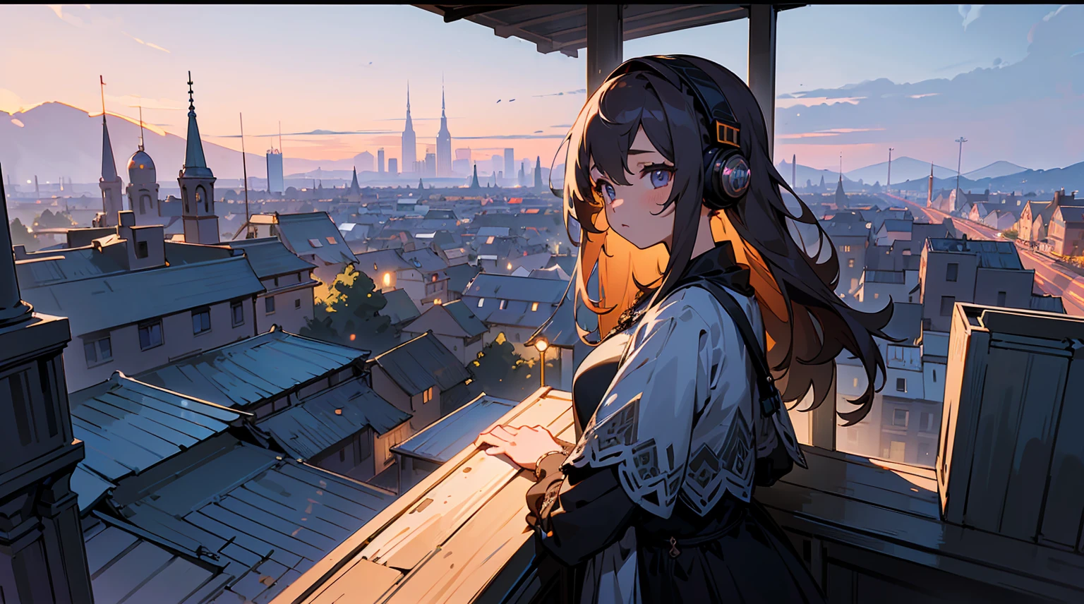 1((masterpiece,best quality,highest quality,illustration,intricate details)),1girl, wearing headphone stands on the rooftop, twilight background show a city skyline, with the top of a tall building jus visible, adding to the serene atmosphere.