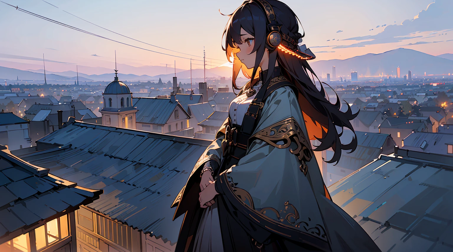 1((masterpiece,best quality,highest quality,illustration,intricate details)),1girl, wearing headphone stands on the rooftop, twilight background show a city skyline, with the top of a tall building jus visible, adding to the serene atmosphere.