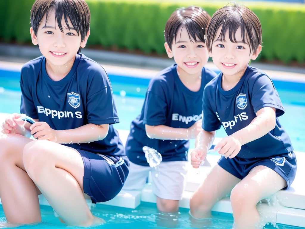 hot summer、primary school、Summer swimming pool、Fun every day、Get wet all over、Japan Boy、Glowing water splashes、Pool lessons、Boy playing in water、The happy boys、Strong sunlight、Short sleeve gym uniform、Blue shorts、barefoot，Boys only 、１０age、high resolution、masterpiece