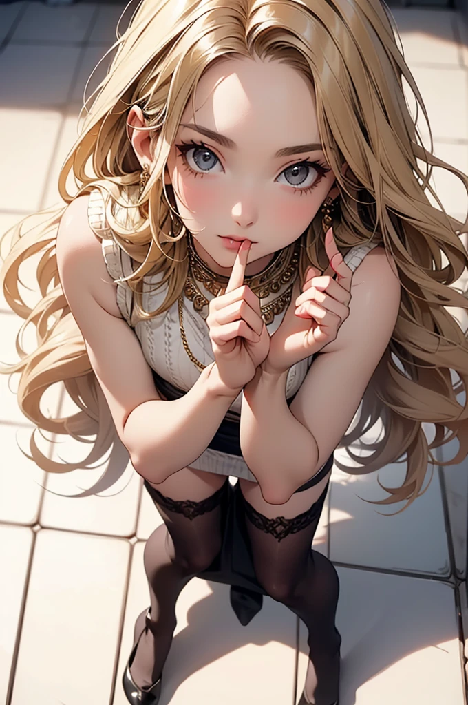 NSFW,(Natural finger shape:1.5),((Full Body Shot,Including face)),Standing position,4K,masterpiece,((Focus on the face)),((Symmetrical facial features)),Eye for detailed depiction,Beautiful woman,Excellent style,Beautiful feet,(Small Ass,Thin thighs),(Patterned black stockings:2,High heels),Facial detailing,Small earrings,necklace,Low angle photo,((Knitted sleeveless top,Tight Skirt)),Lying on the tiles,Blonde