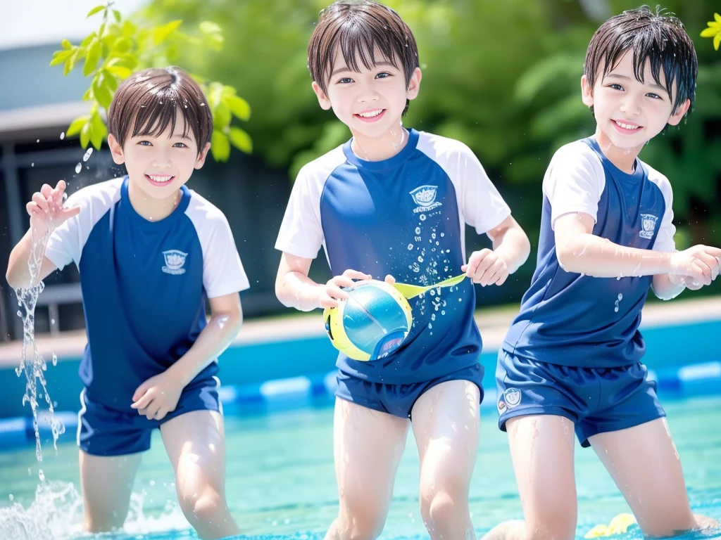 hot summer、primary school、Summer swimming pool、Fun every day、Get wet all over、Japan Boy、Glowing water splashes、Pool lessons、Boy playing in water、The happy boys、Strong sunlight、Short sleeve gym uniform、Blue shorts、barefoot,Boys only 、10age、high resolution、masterpiece