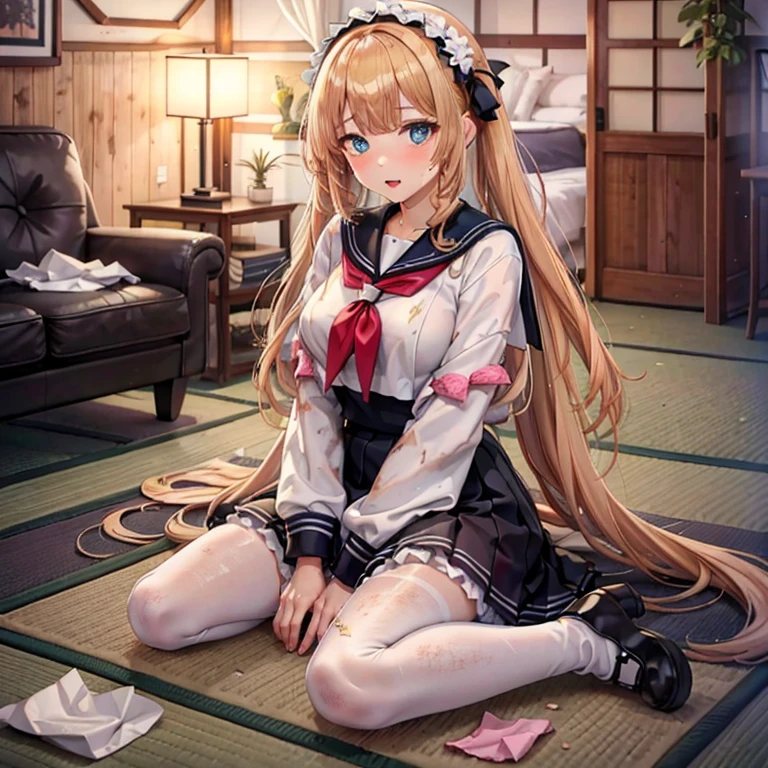 sunset　Orange Room,　Full-body depiction on screen,　Two Girls,　A large amount of rolled up tissue paper,　 Wrinkled, Dirty tissue on the ground,　Tears dripping from the edges of the mouth,　Sitting on a dirty bed,　Dirty futon with brown stains　Dirty old tatami mat ,Tatami room,　Plenty of tissue paper ,　Garbage is scattered everywhere,　very dirty bed, 　 A room full of messy garbage,,　　Embarrassing,　　Very large breasts　Extremely enlarged breasts　Dimly lit room　On the tatami　Scattered tissue paper　A cute long-sleeved sailor suit with lots of frills sewn on　Long ruffled skirt　high school student　Illustration Style　Anime Style　Narrow-mouthed　Small lips　beautiful girl　Very cute clothes　Cheeks pink　Long blonde hair　super curly hair　Super long sideburns　Rubber clothing　Gothic white lolita outfit　hair band　very long, 　Pearl white silk tights　　Lots of frilly ribbons　Extra long silk gloves　Detailed embroidery　Big eyes　Glaring　Hanging eyes　Sharp Eye　Small trends　Stern expression　Shocking Pink Rouge　　Crushed tissue paper　White long boots　　　Steam coming out of the whole body　Steam fills the screen.　White breath from the mouth　The whole body is covered in oil　The whole body is covered in oil　