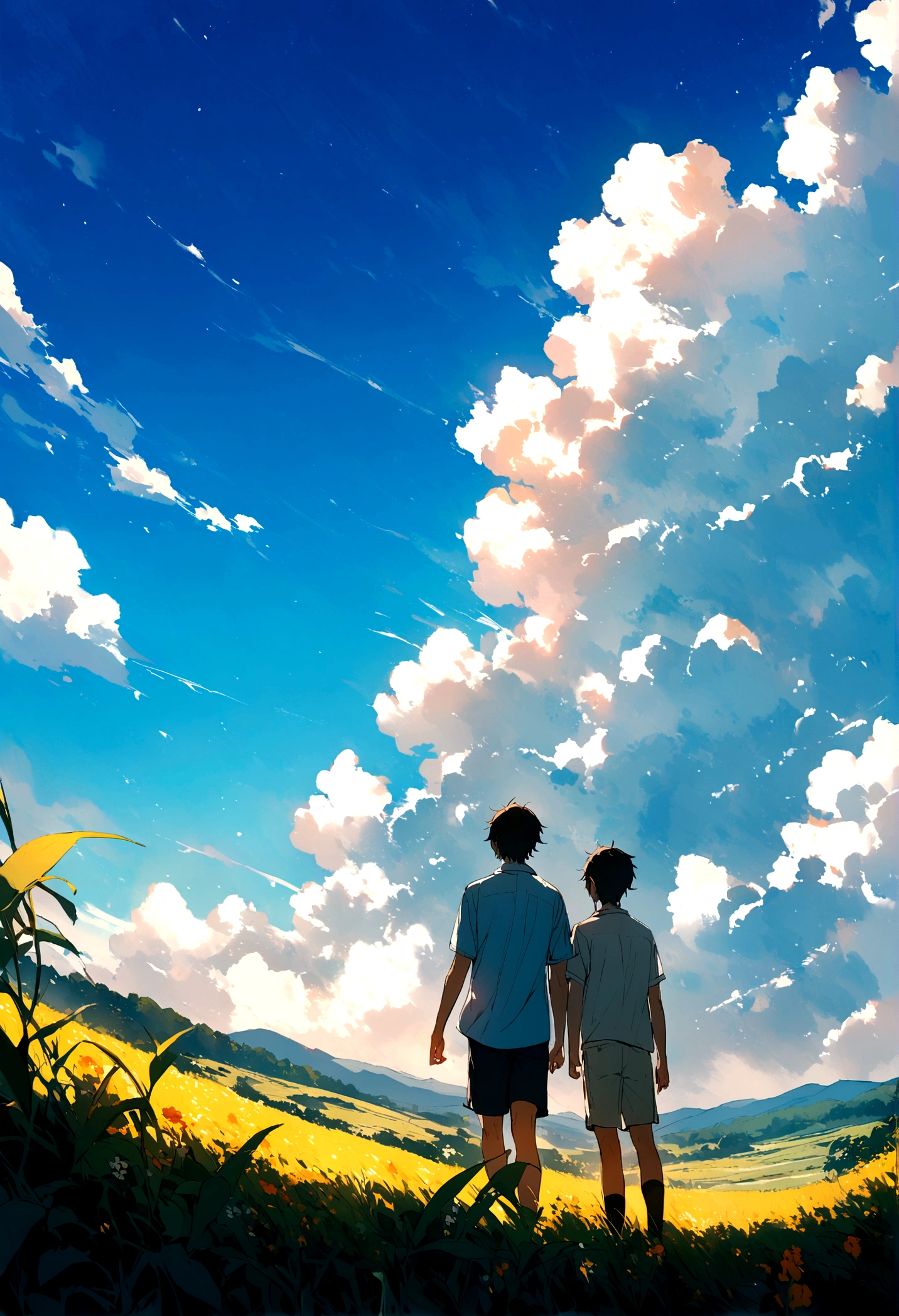summer scenery field Cloudless blue sky Two boys