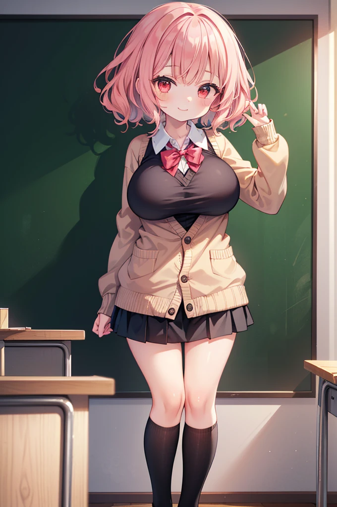 Fantasy,((Masterpiece)),((high resolution)),((Best Quality)),Anime illustration,(((1girl))),,(wavy hair),(short hair),(pale pink hair color),small ponytail,Red eyes,(Big round eyes),((tareme)),12 years old,((loli face)),((very big breasts)),Short stature,Young,,,cardigan,mini skirt,smile,Ladylike,classroom,