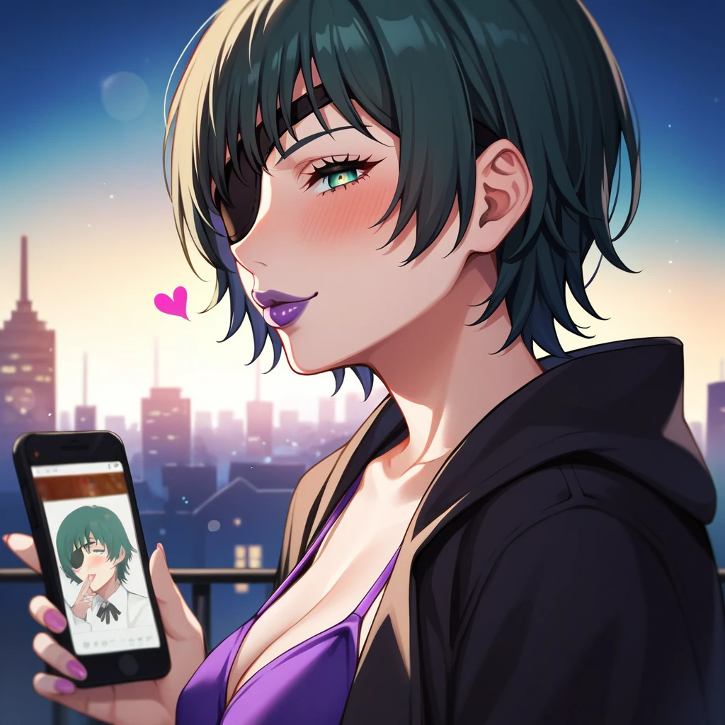  mature female, mature, Adult, himeno, himeno(Chainsaw Man), 1girl, black hair, short hair, eyepatch, solo, hypnosis, brainwashed, blush, phone, heart, eye symbol, rating_questionable, naughty face, rolling_eyes, cross-eyes, kissing air, pout, stick mouth, sharp mouth, purple lips, shaking head, Villains, chest, looking side, from side, Night town, City, skyscraper, Night, Dark, latex purple bikini under the black cape, masterpiece, Top animation quality，Top image quality,