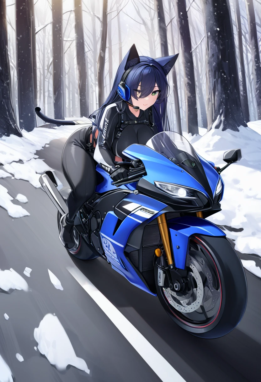 Masterpiece, Best quality, 8K Ultra High-Quality, ultra-detailed, High quality, Dark Blue hair, Long hair, Headset, goggles, cat girl, riding on a motorcycle, sports motorcycle, large motorcycle, Kawasaki H2R, Body harness, white winter clothes, full body, motorcycle riding pose, snow covered road, snowy forest background