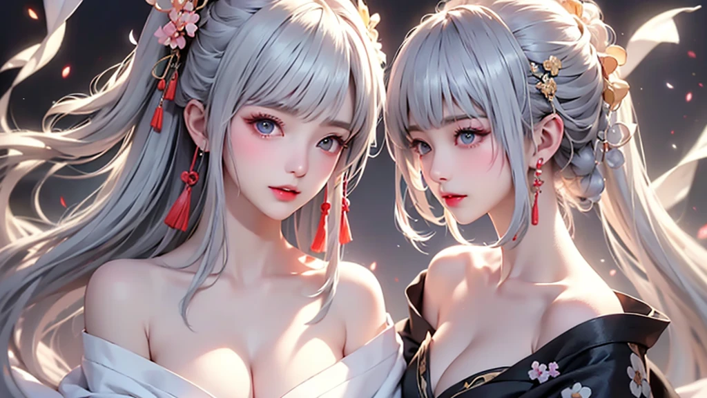 super high quality, masterpiece, Perfect illustration, Very detailed、8k wallpaper, Very detailed (Exquisite light and shadow, Very dramatic photo,Backlight) , ((Gray Hair:1.5))1 Girl, ((alone:1.6)), (Wearing classic Japanese clothing, Royalty、Black kimono,Thick fabric,Long sleeve) (A mix of Japanese and Chinese clothing)Flower Field, Flowers, (White smoke:1.3) (Realistic:1.4), (Dynamic Angle: 1.4), Glowing Skin, (Floating colorful flashes: 1) The most beautiful chaotic shapes, elegant, Brutalist Design, Bright colors, Romantic Depth of Field Exotic_dance, half_naked、((Off the shoulder、Medium Chest、Beautiful cleavage、Touching lips))
