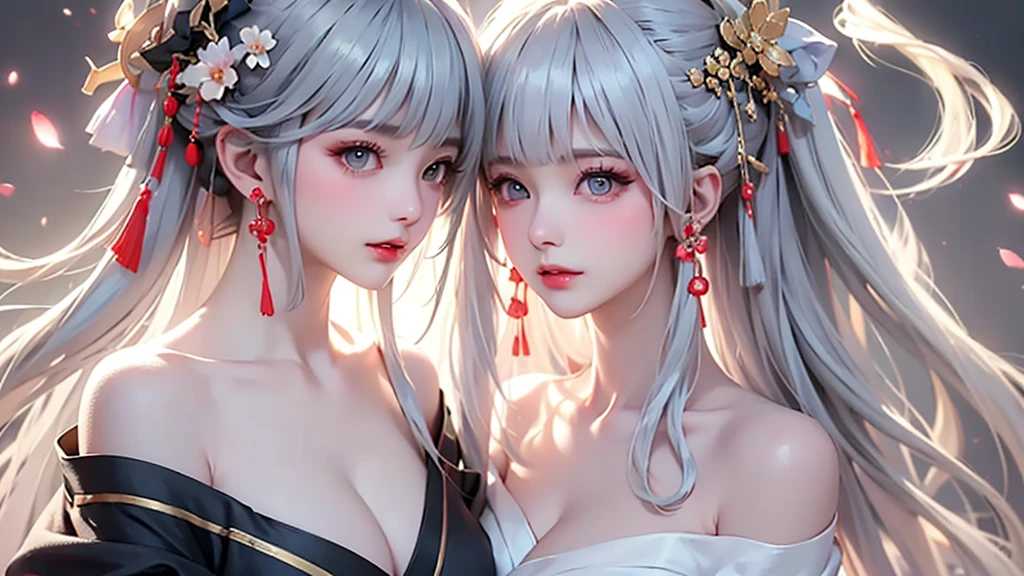super high quality, masterpiece, Perfect illustration, Very detailed、8k wallpaper, Very detailed (Exquisite light and shadow, Very dramatic photo,Backlight) , ((Gray Hair:1.5))1 Girl, ((alone:1.6)), (Wearing classic Japanese clothing, Royalty、Black kimono,Thick fabric,Long sleeve) (A mix of Japanese and Chinese clothing)Flower Field, Flowers, (White smoke:1.3) (Realistic:1.4), (Dynamic Angle: 1.4), Glowing Skin, (Floating colorful flashes: 1) The most beautiful chaotic shapes, elegant, Brutalist Design, Bright colors, Romantic Depth of Field Exotic_dance, half_naked、((Off the shoulder、Medium Chest、Beautiful cleavage、Touching lips))