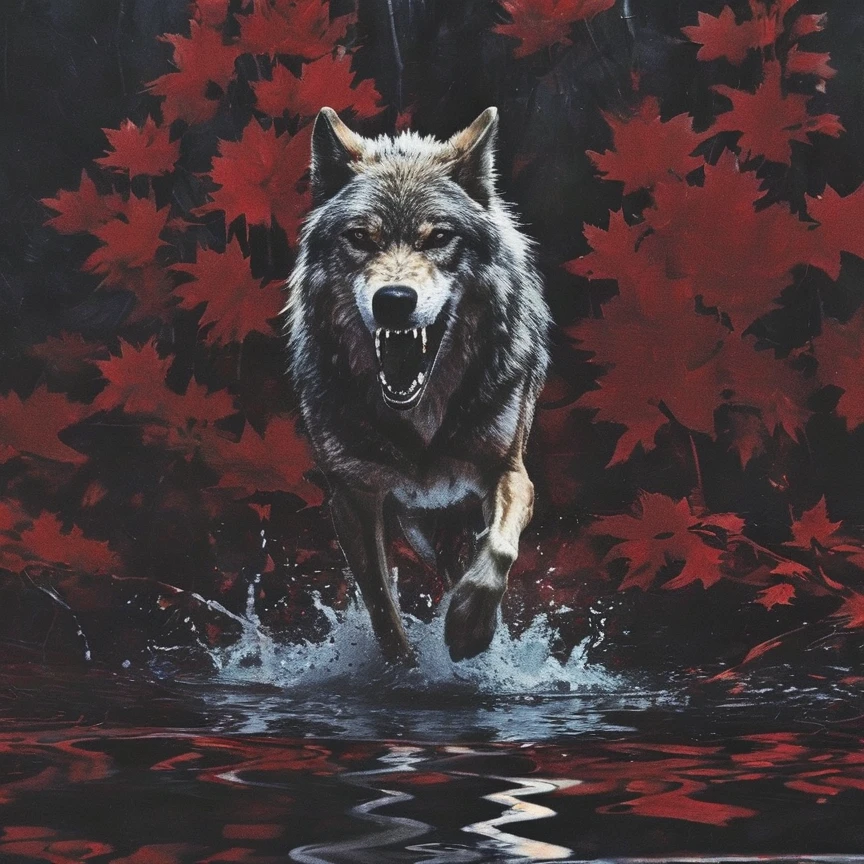 wolf running in water, red winter forest background