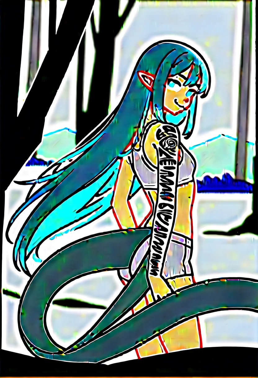 1girl, solo, cyan hair, light blue hair, very long hair, grey eyes, small breasts, crop top, white top, navel, white shorts, (lizard tail, calango tail:1.3), pointy ears, ((blue tattoos, tattoos all over her body, just blue tattoos please)), standing, smiling, closed mouth, arms behind back, her tail is visible), close-up, portrait, zoom in, winter, forest, snow, mountains, moon, stars, ((masterpiece, best quality, limited palette))