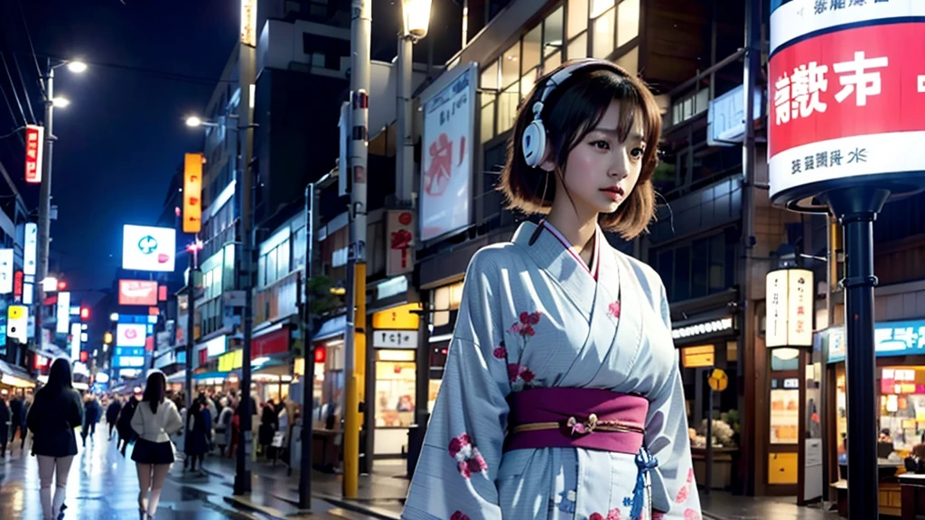 A woman in a kimono standing in a busy downtown area at night listening to music while wearing large headphones、The moon is in the night sky、Japan