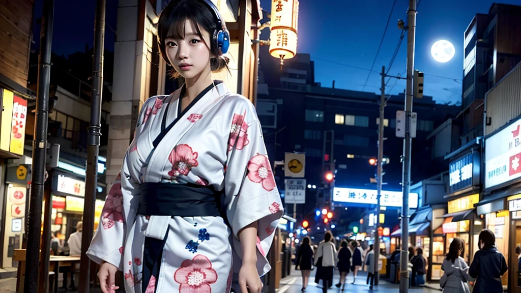 A woman in a kimono standing in a busy downtown area at night listening to music while wearing large headphones、The moon is in the night sky、Japan