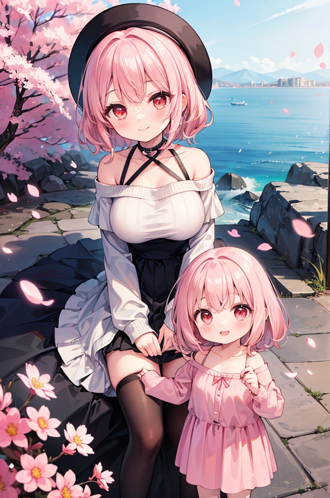 ((Masterpiece)),((high resolution)),((Best Quality)),Anime illustration,(((1girl))),,(wavy hair),(short hair),(pale pink hair color),small ponytail,Red eyes,(Big round eyes),((tareme)),,((loli face)),ry big breasts)),Short stature,,Off-the-shoulder sweater,(long maxi skirt),smile,Ladylike,cherry blossoms,