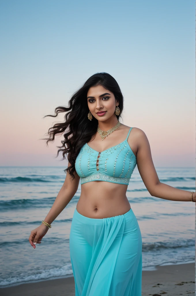 Indian cute 30 years old unmarriage women life like, high - resolution women with a perfect figure Super fine face and eyes, slong hair, Arya Stark (highly detailed face), eyes symmetry, face symmetry, in the beach, smirking, playful teasing sassy poses for adults only magazine, (wearing vibrant color trendy designer choli long skirt), round deep navel, evening sky, wave tides, HDR, hyper realistic