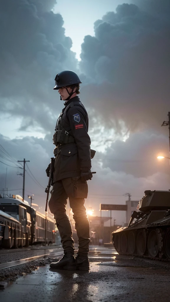 Un soldat en tenue de combat moderne, couvert de boue et de sang, se trouve au milieu d'un champ de bataille dévasté. Ses yeux sont écarquillés par la terreur, et son visage est marqué par la fatigue et le désespoir. Autour de lui, des explosions illuminent le ciel sombre, et des débris volent dans toutes les directions. Des traces de fumée et des flammes s'élèvent des véhicules militaires en feu. En arrière-plan, on peut voir d'autres soldats courir pour se mettre à l'abri, certains blessés, d'autres portant des camarades. Le ciel est lourd de nuages sombres, ajoutant à l'atmosphère oppressante de la scène. La lumière des explosions et des incendies crée des contrastes dramatiques sur le visage du soldat, accentuant son expression de profonde horreur.