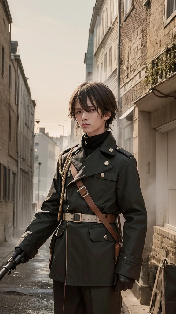 Un soldat en tenue de combat moderne, couvert de boue et de sang, se trouve au milieu d'un champ de bataille dévasté. Ses yeux sont écarquillés par la terreur, et son visage est marqué par la fatigue et le désespoir. Autour de lui, des explosions illuminent le ciel sombre, et des débris volent dans toutes les directions. Des traces de fumée et des flammes s'élèvent des véhicules militaires en feu. En arrière-plan, on peut voir d'autres soldats courir pour se mettre à l'abri, certains blessés, d'autres portant des camarades. Le ciel est lourd de nuages sombres, ajoutant à l'atmosphère oppressante de la scène. La lumière des explosions et des incendies crée des contrastes dramatiques sur le visage du soldat, accentuant son expression de profonde horreur.